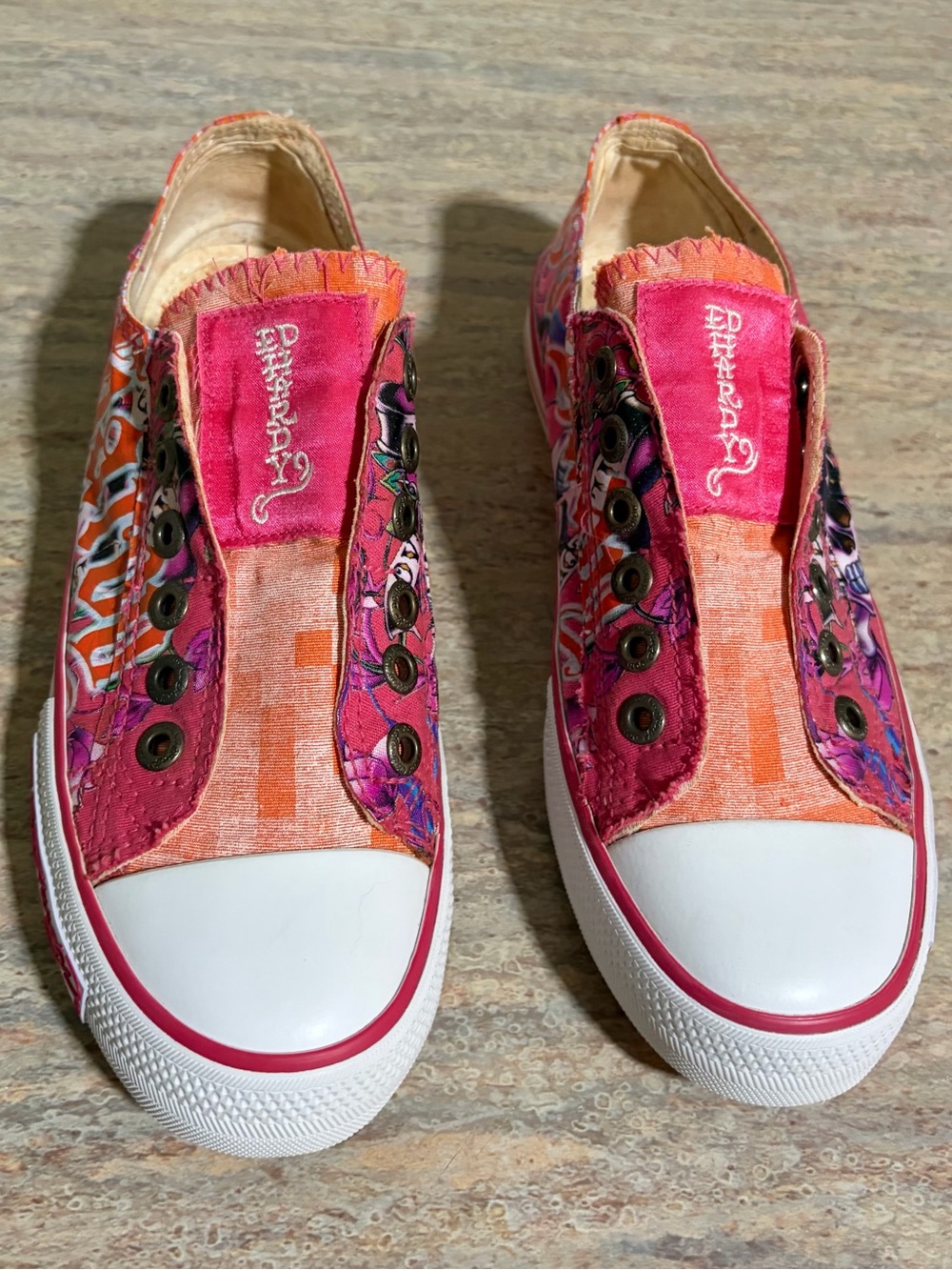 Ed Hardy Bright Pink Orange Patterned Slip-On Women's Sneakers with Skull Head